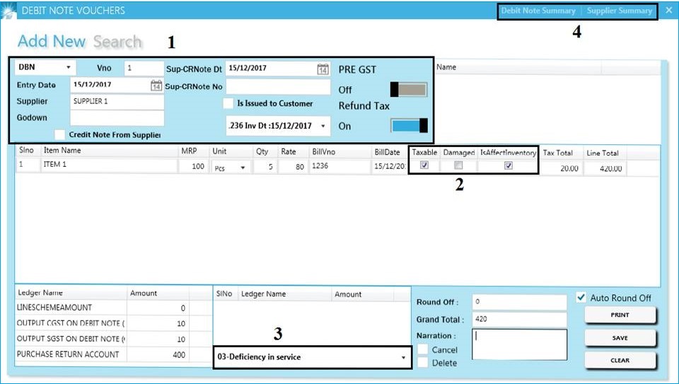 GST billing software-Debit Note Voucher Window
