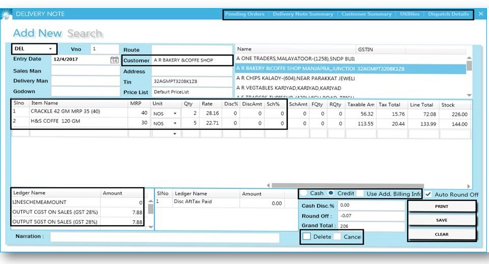 GST billing software-Delivery Note Voucher Window
