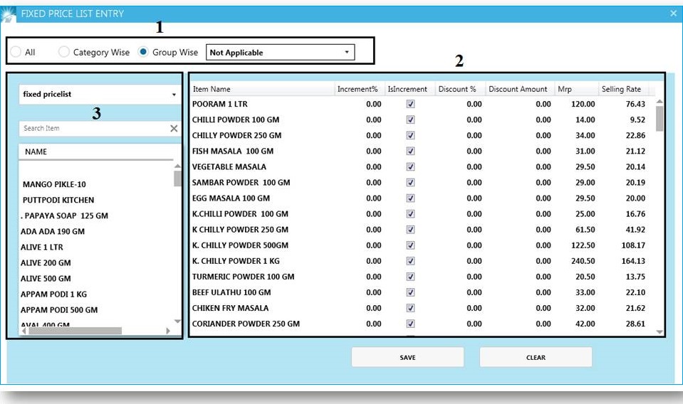 GST billing software-Fixed Price List Entry