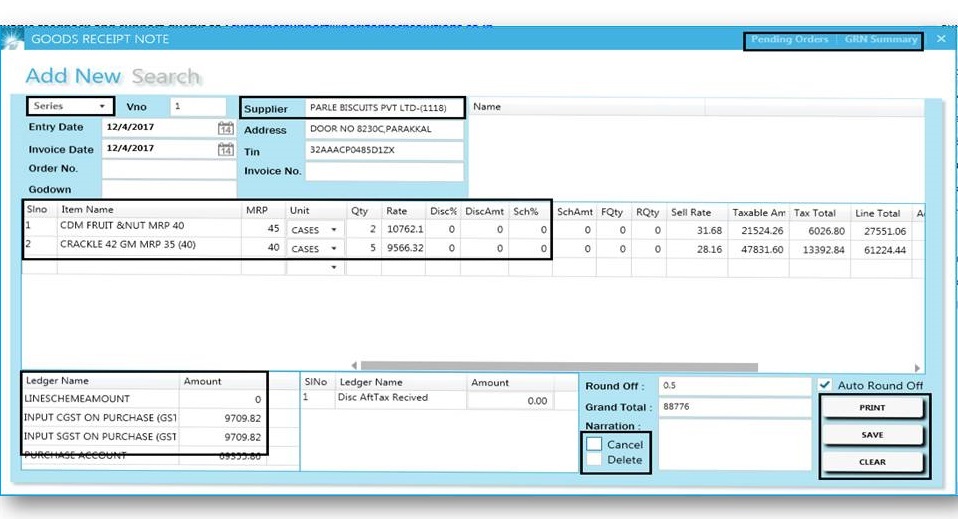GST billing software-Good Receipt Note Voucher Creation Window