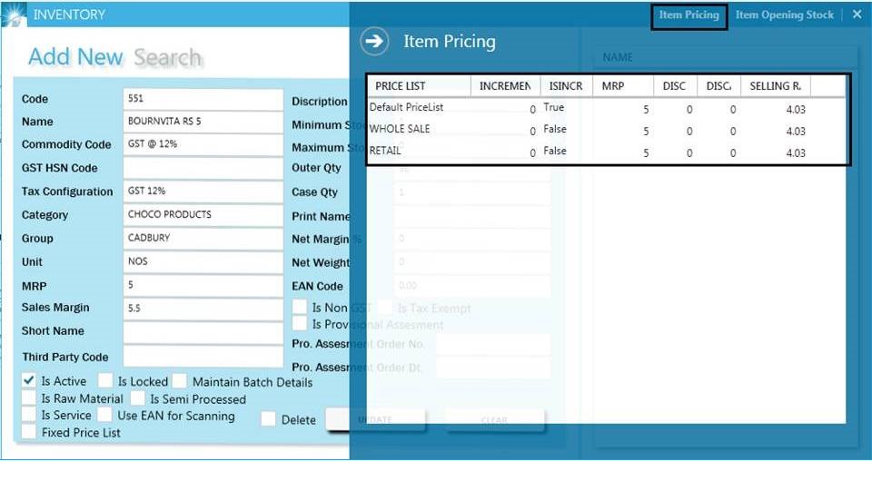 GST billing software-Item Pricing Window