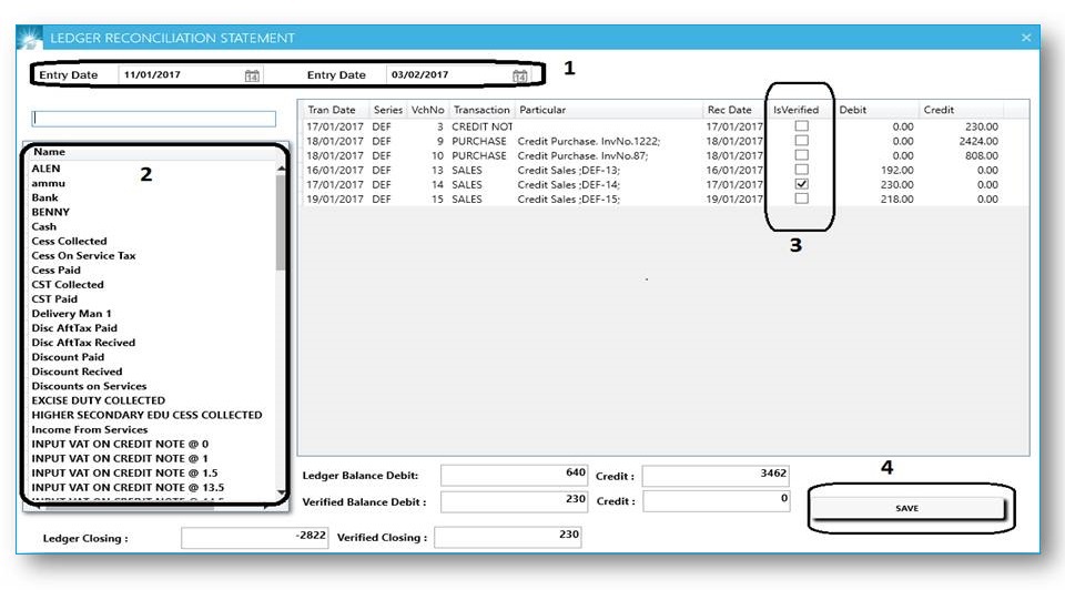 GST billing software-Ledger Reconciliation Statement Window
