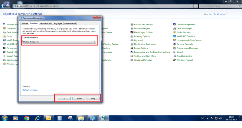 GST billing software-Location - Region & Language window