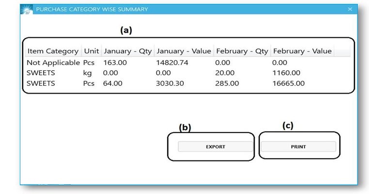 GST billing software-Purchase Category Wise Summary Report Window