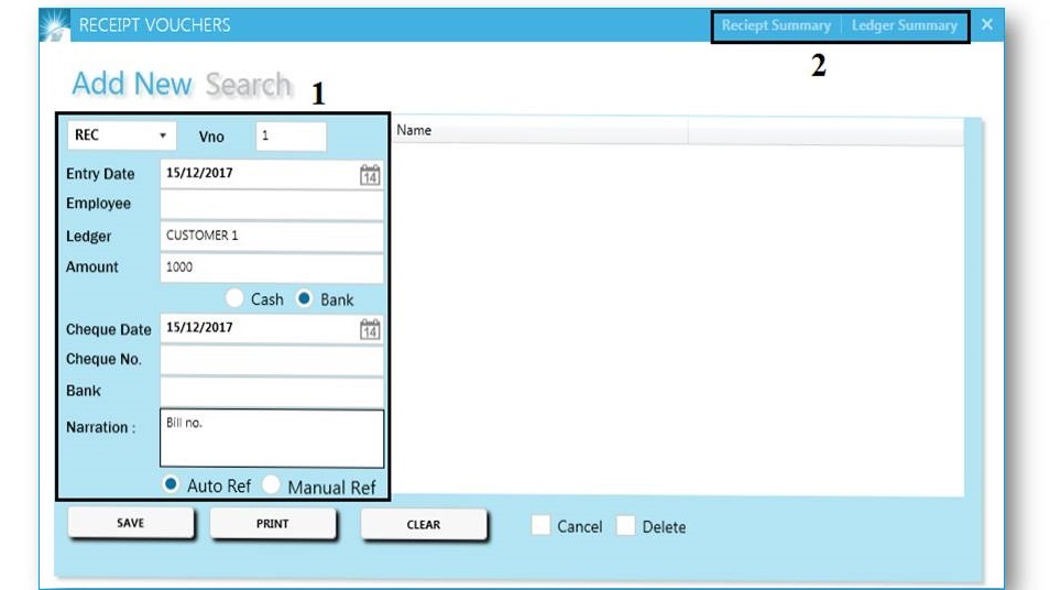 GST billing software-Receipt Voucher Creation Window
