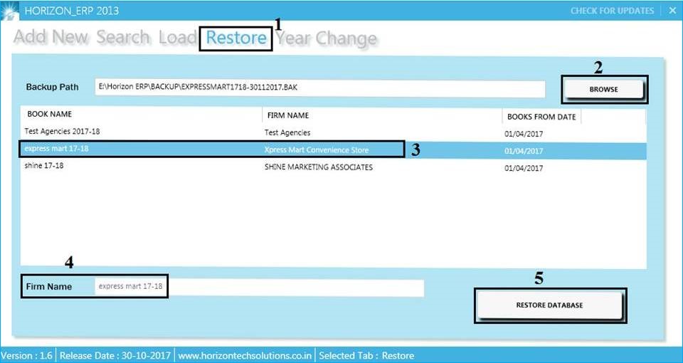 GST billing software-Restore Database Window