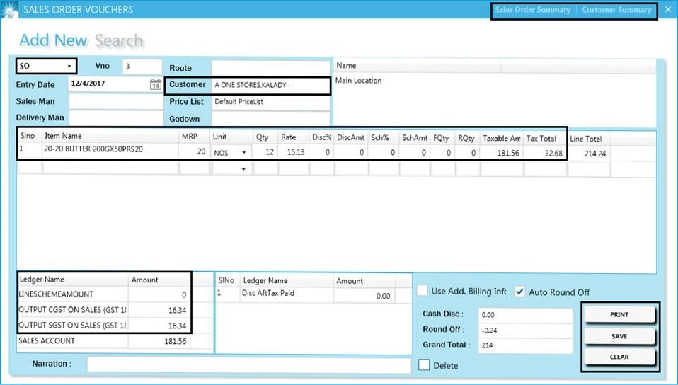 GST billing software-Sales Order Voucher Creation Window