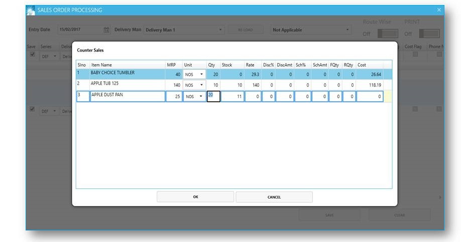 GST billing software-Sales order Processing Item List Window