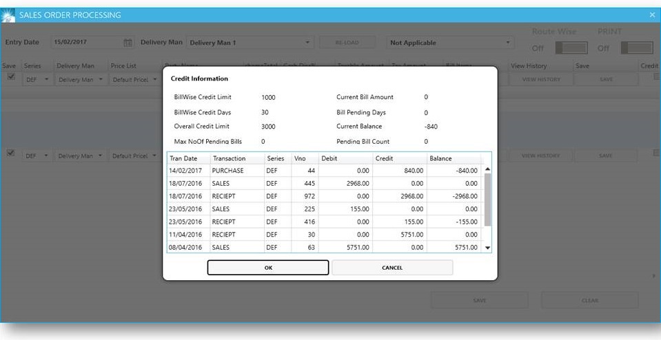 GST billing software-Sales order Processing Credit Information Window