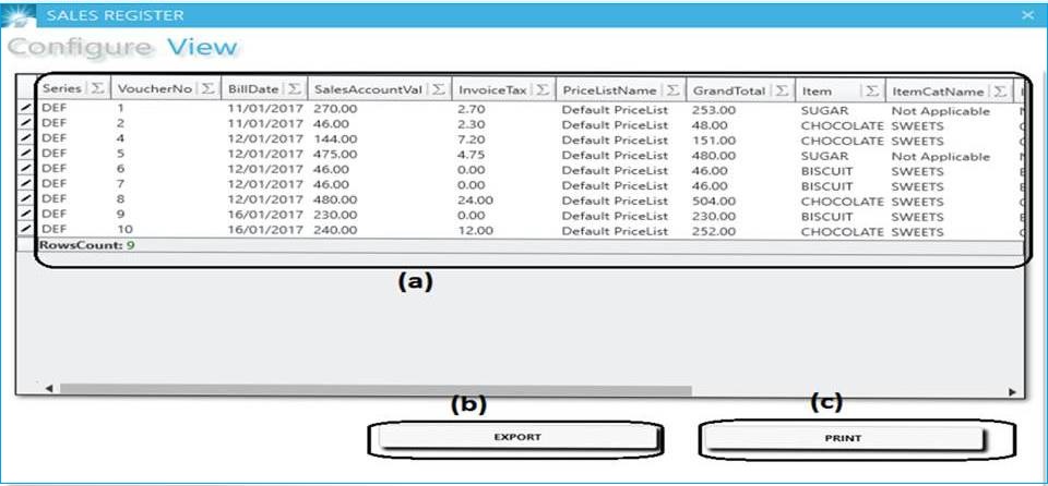 GST billing software-Sales Register Report View Window