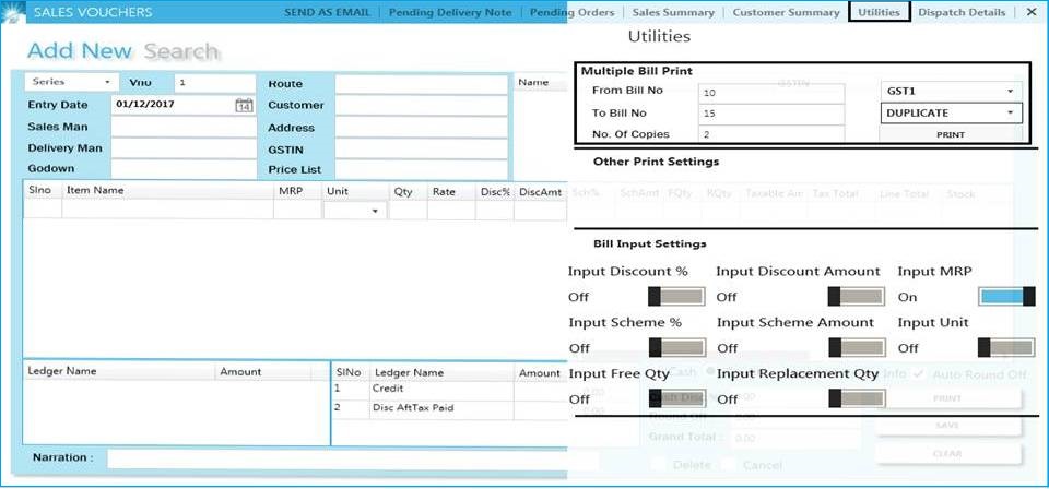 GST billing software-Sales Voucher Utilities Window