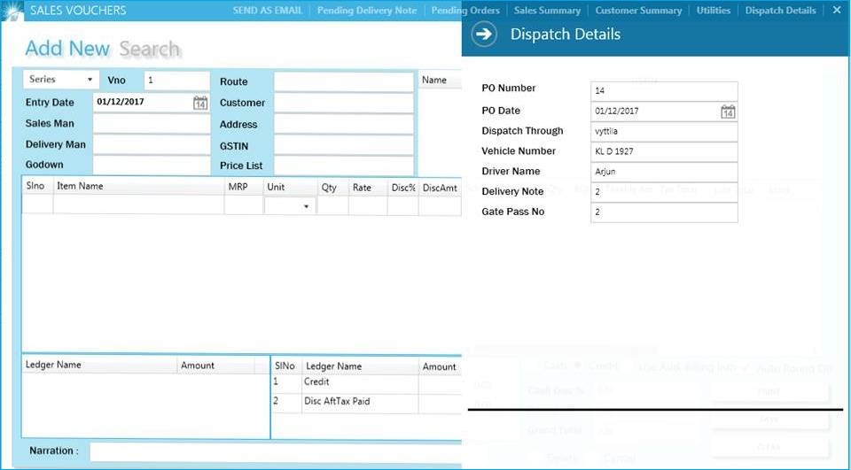 GST billing software-Sales Voucher Dispatch Details Window