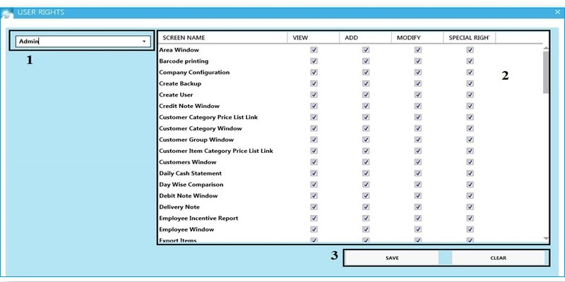 GST billing software-User Rights Window