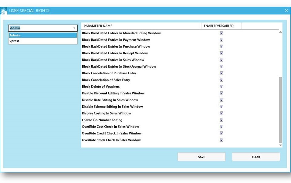 GST billing software-User Special Rights Window Part 2