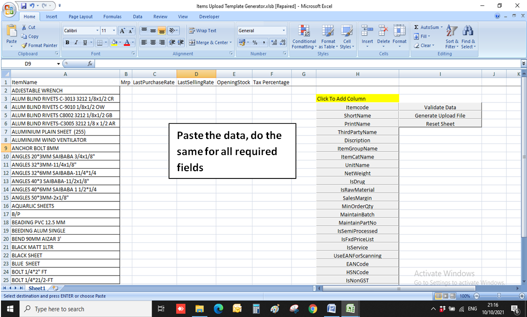 Paste it in Excel upload generator