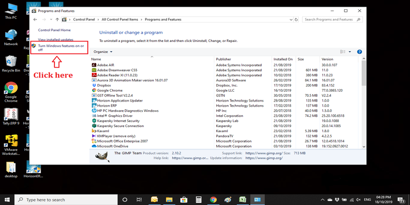 Click on the 'Turn windows features on or off' option