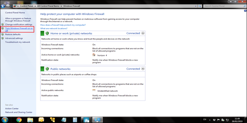 Select turn windows firewall on or off
